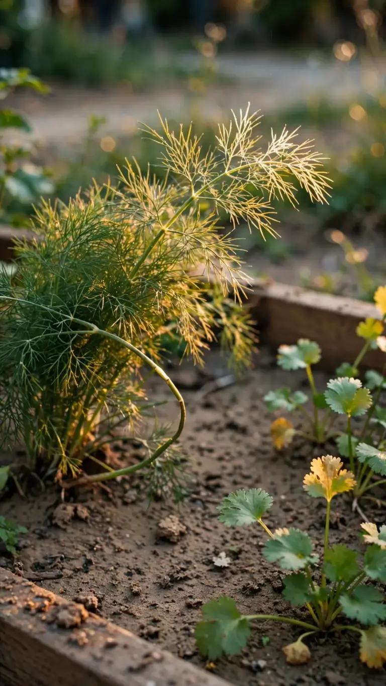 Feathery dill and cilantro seedlings in a shallow herb bed