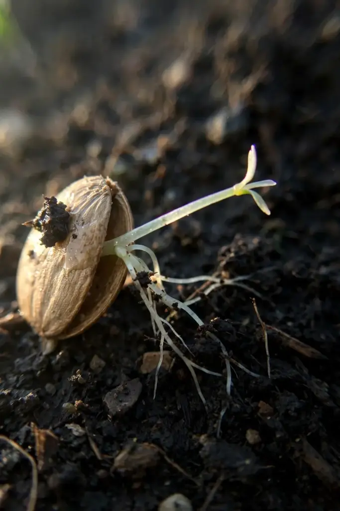 Split cilantro seed with a pale sprout rising from dark moist soil