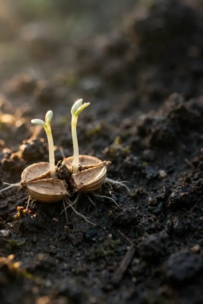 Split cilantro seed with twin sprouts rising from dark soil