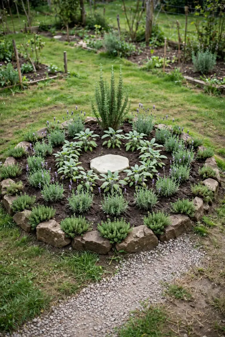 A round herb bed edged with stones, planted in rings with a feature stone in the center