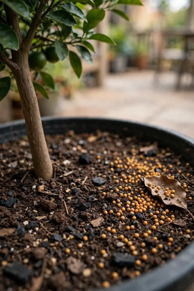 Slow-release fertilizer granules scattered at the drip line of a potted citrus