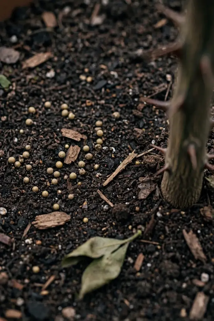 Slow-release citrus fertilizer granules scattered on potting soil surface