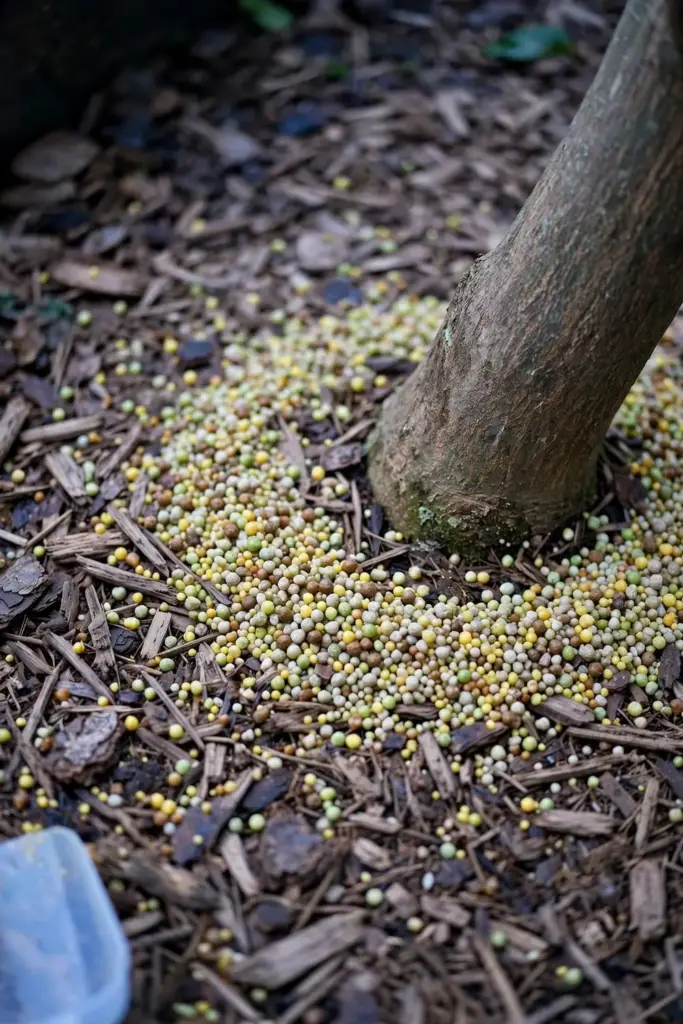 Granular citrus fertilizer ringed on mulch around a pomelo trunk base