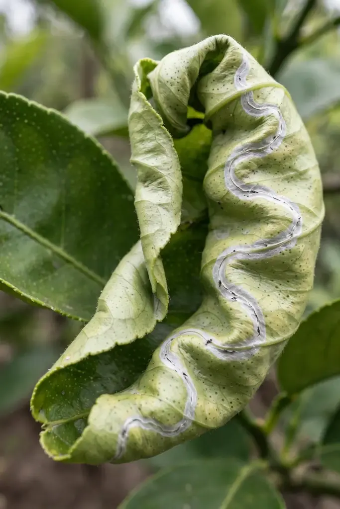 Winding silvery leafminer trail inside a curled young citrus leaf