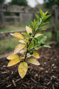 Citrus branch with yellowing leaves and one green new flush in a home garden