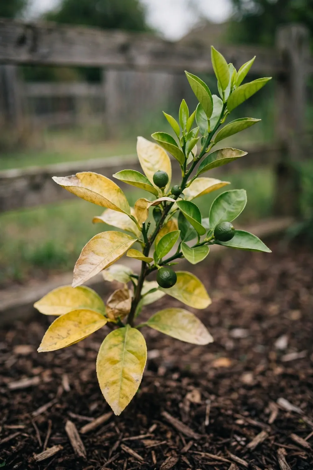 Citrus branch with yellowing leaves and one green new flush in a home garden