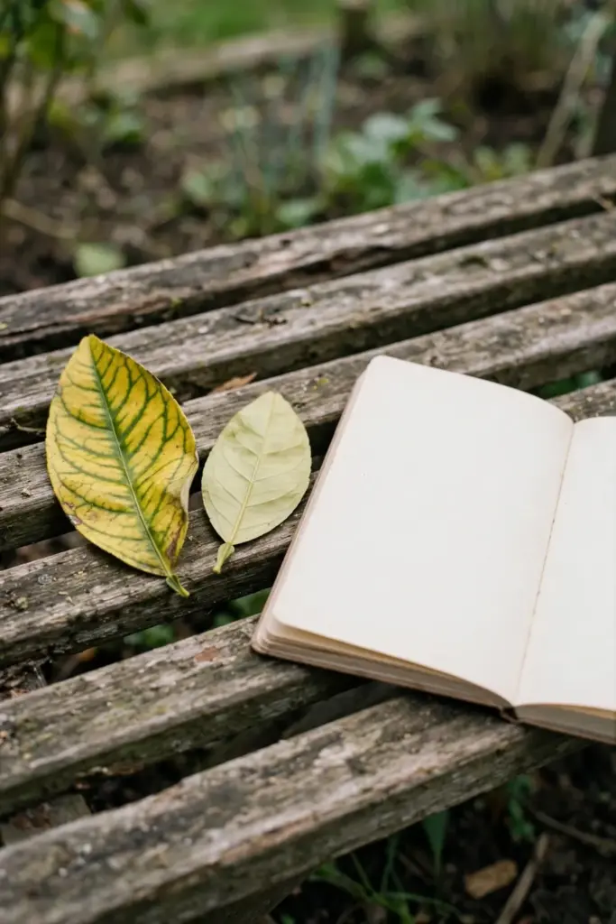 Yellowing citrus leaf with green veins held beside a notebook on a bench