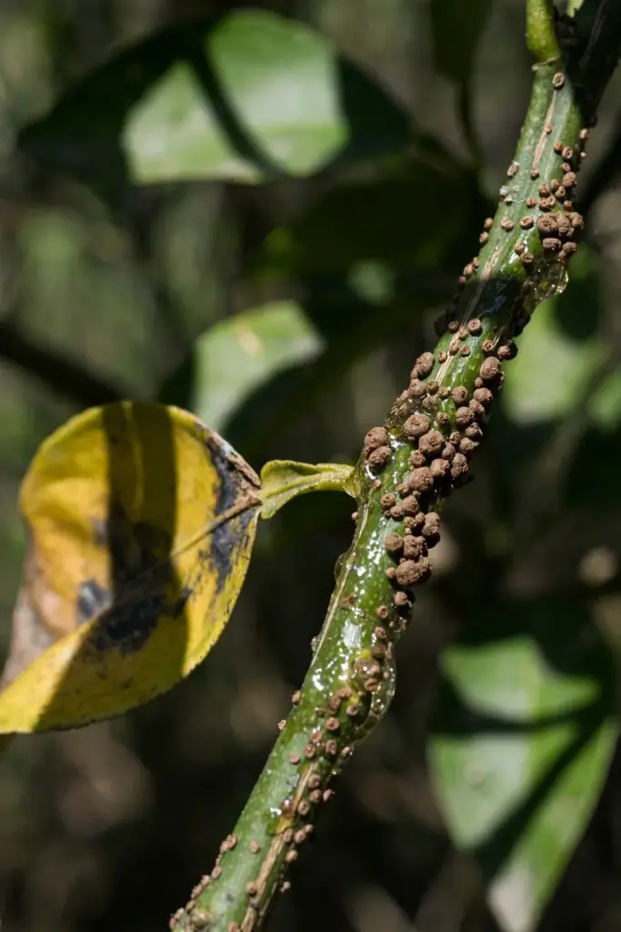 Scale bumps and sticky honeydew on a citrus stem