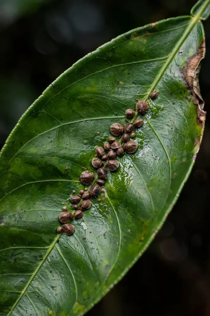Citrus leaf with brown scale insects clustered along the midrib