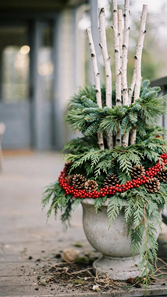 A classic fresh greenery urn with tall center stems and layered bough rings