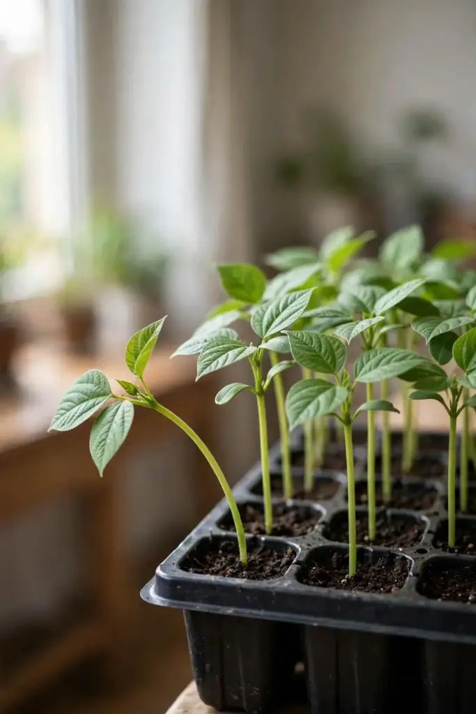 Tray of sturdy bean seedlings with trifoliate leaves in fresh sterile mix.