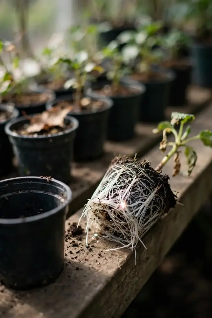 Nursery transplant tipped from its pot showing clean white roots.