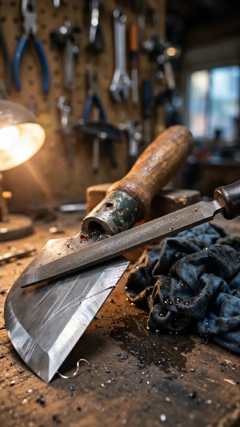 Spade edge being sharpened with a mill file beside an oily rag on a workbench