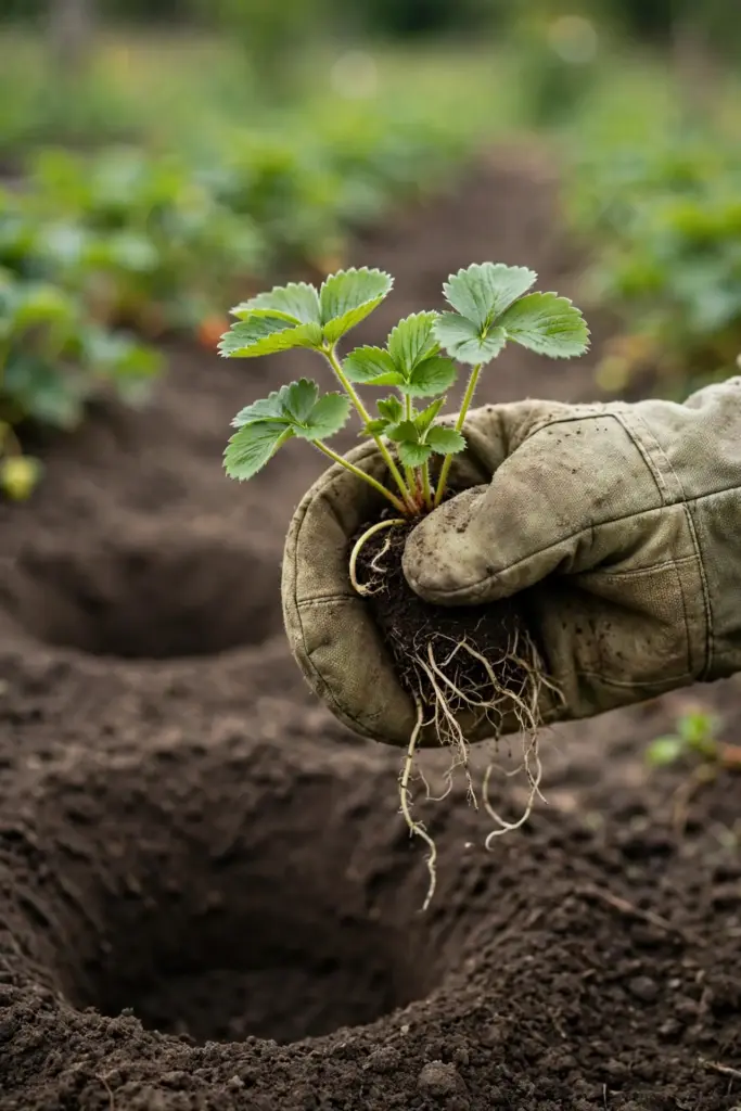 Healthy strawberry transplant plug with green leaves, held by a worn garden mitt.