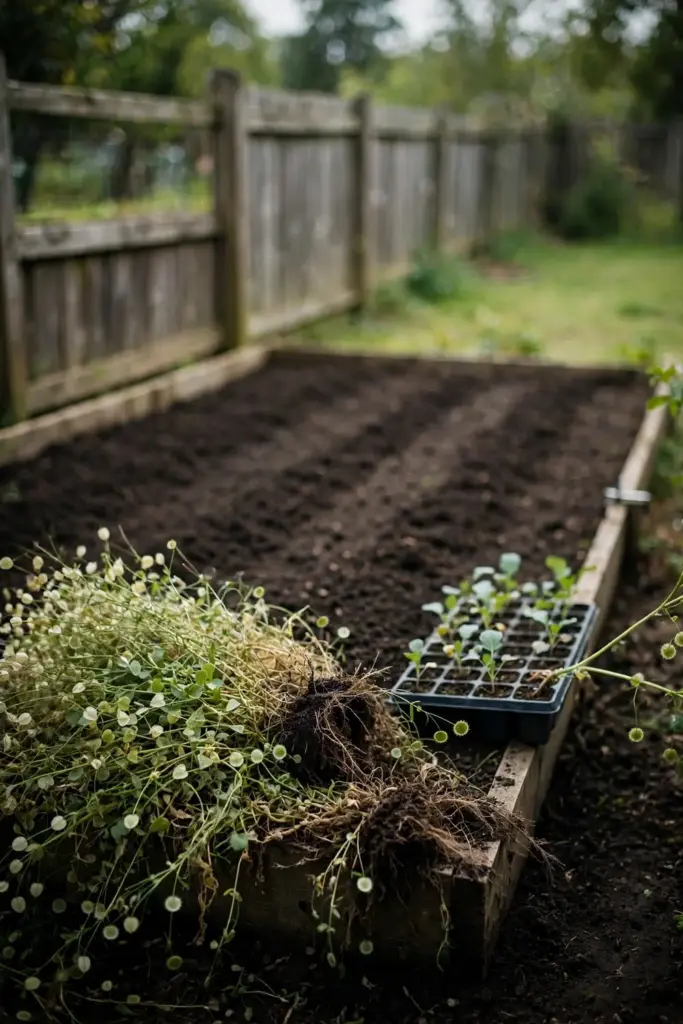 Cleared brassica bed with a heap of pulled weeds at the corner.