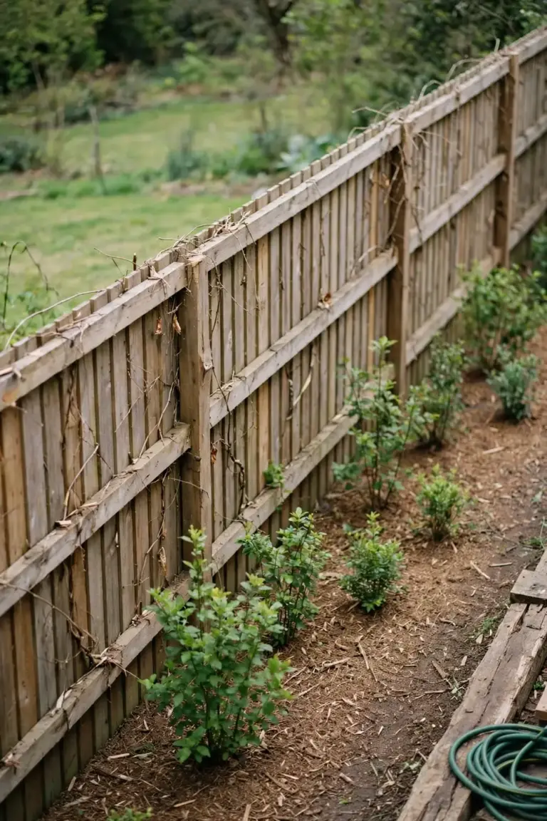 Cleared timber fence with young shrubs planted along its base