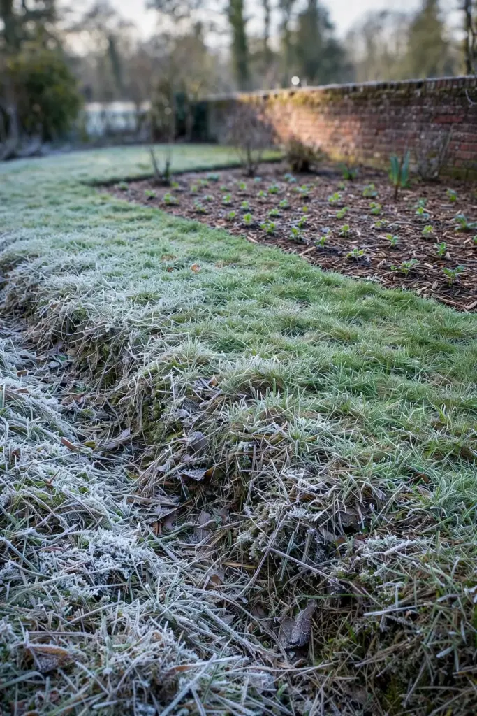 Frost on low lawn grass with a sunny garden bed behind