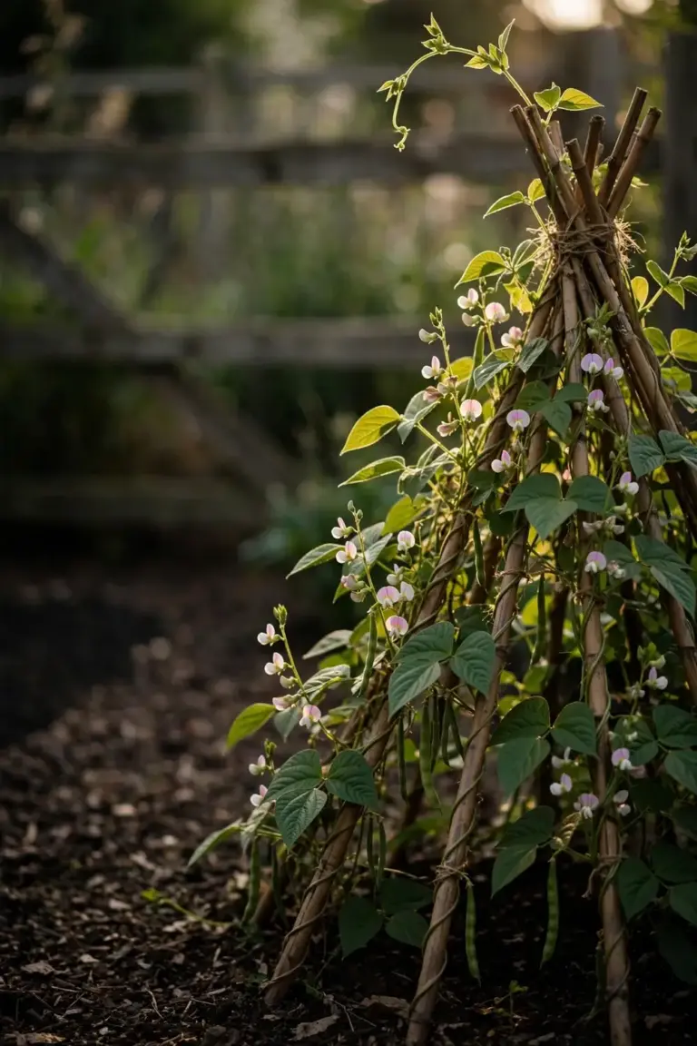 Climbing bean vines covering a bamboo cane tepee