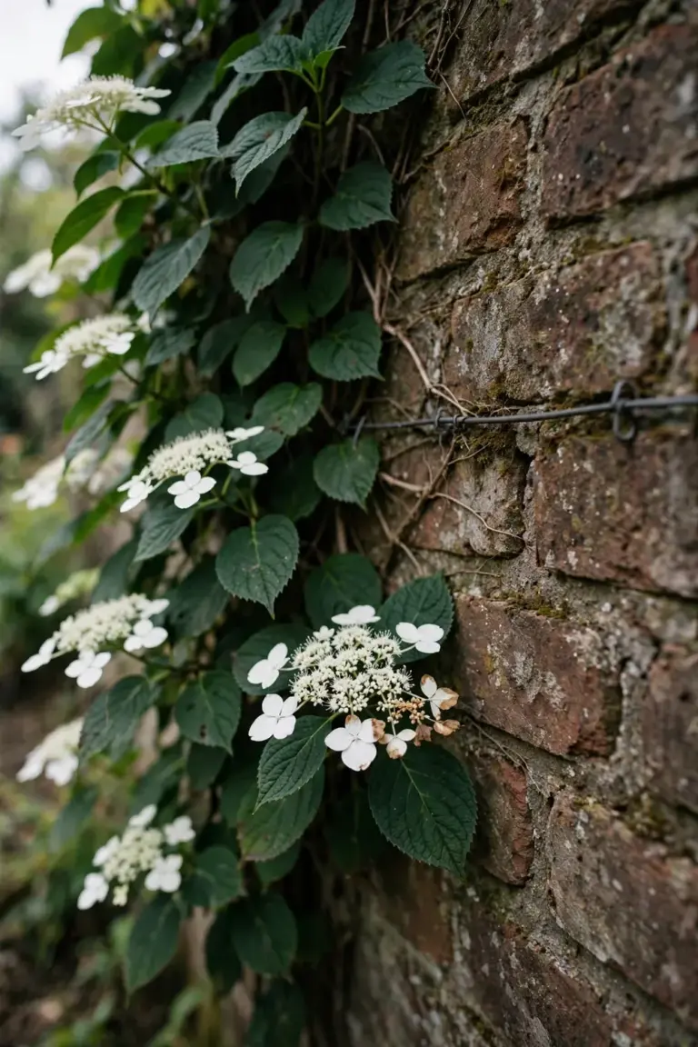 Climbing hydrangea with white lacecap flowers covering a brick wall.