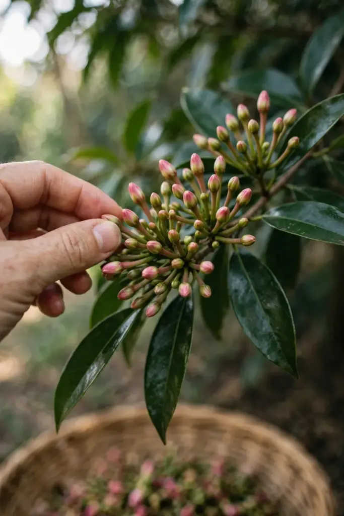 Hand picking pink-shifting clove buds from a branch into a shallow basket