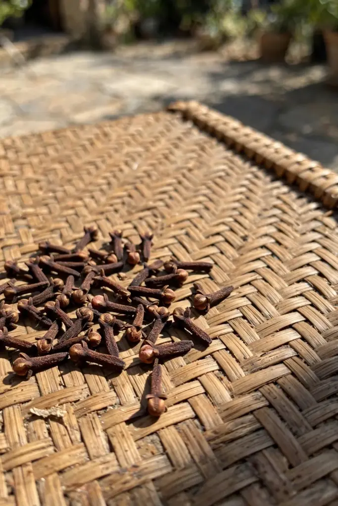 Dried dark-brown clove buds spread thinly on a woven mat in full sun
