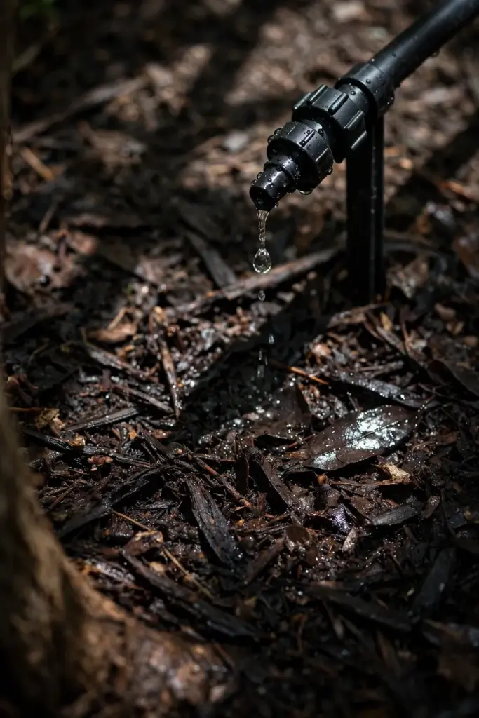 Drip irrigation emitter dripping water onto mulched soil around a clove tree