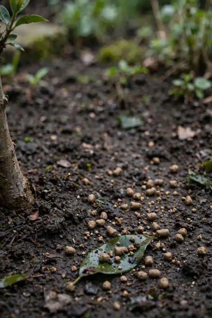 Fertiliser granules scattered on dark soil around the drip line of a young clove tree