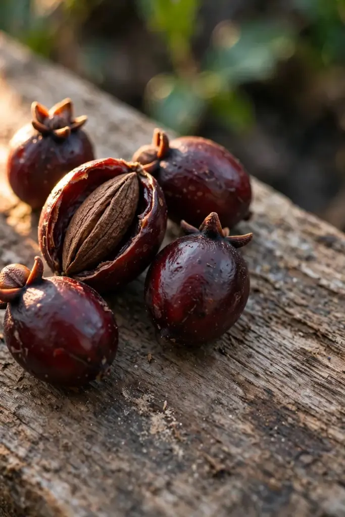 Fresh ripe clove fruit, dark red drupes, beside oblong grooved seeds on wood