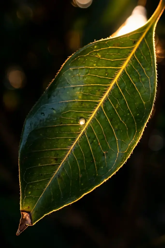 Single glossy clove leaf backlit showing etched veins and translucent tissue
