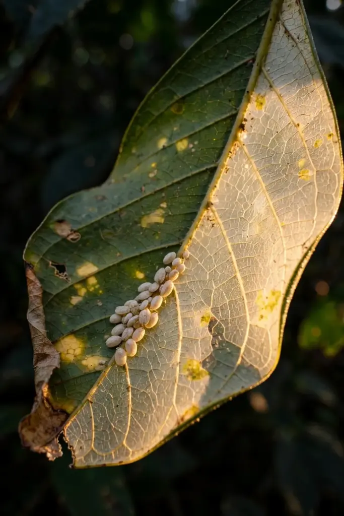 Scale insects as small pale bumps along the underside of a clove leaf vein