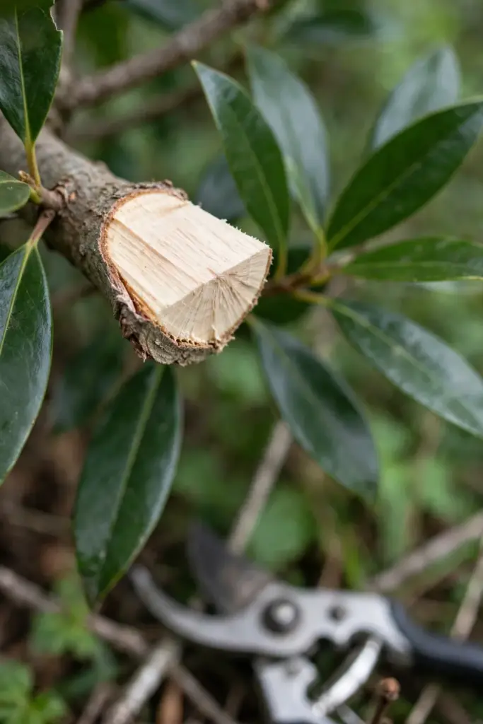 Freshly pruned branch stub on a clove tree with pruning shears resting at the frame edge