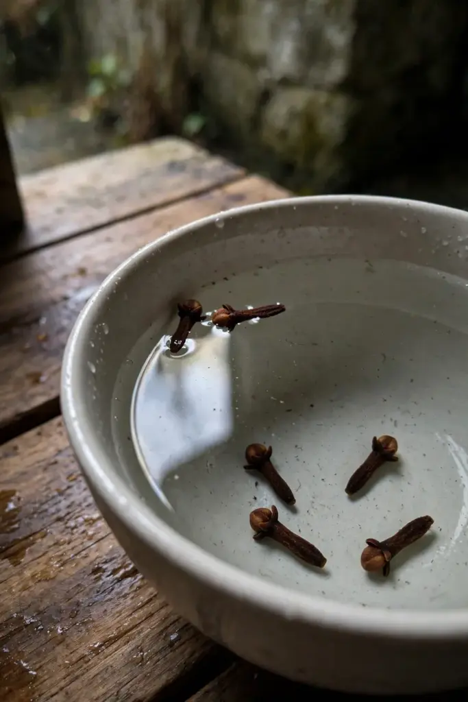 Clove seeds in a bowl of water, some floating and some sunken, for a viability test