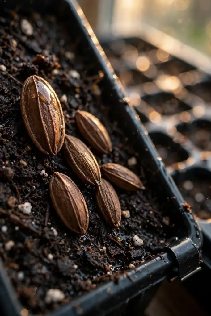 Clove seeds pressed onto the surface of dark moist seed-starting mix in a tray