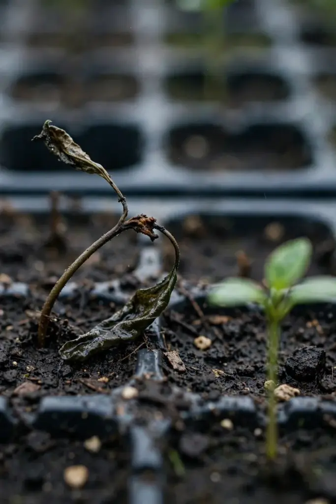 A damped-off clove seedling with a limp brown stem at the soil line