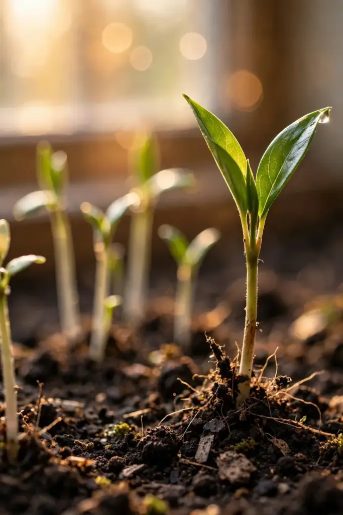 Clove seedlings at successive growth stages pushing through dark crumbly soil