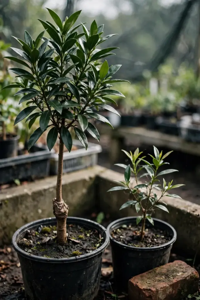 Two young clove trees side by side in nursery pots, one seedling one grafted