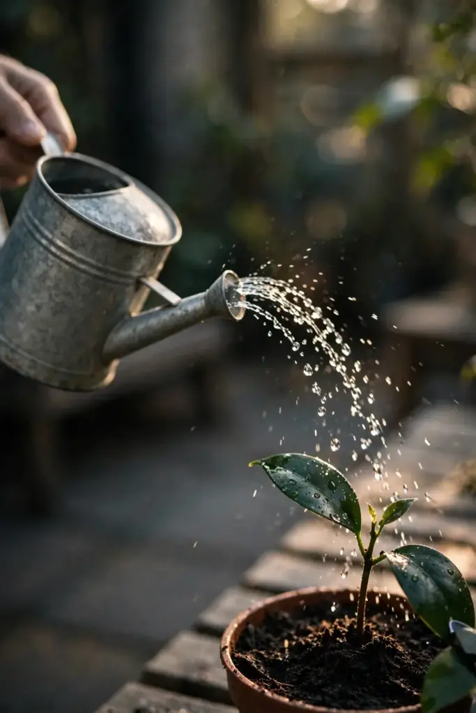 Hand tipping a watering can over a newly transplanted clove seedling in a pot