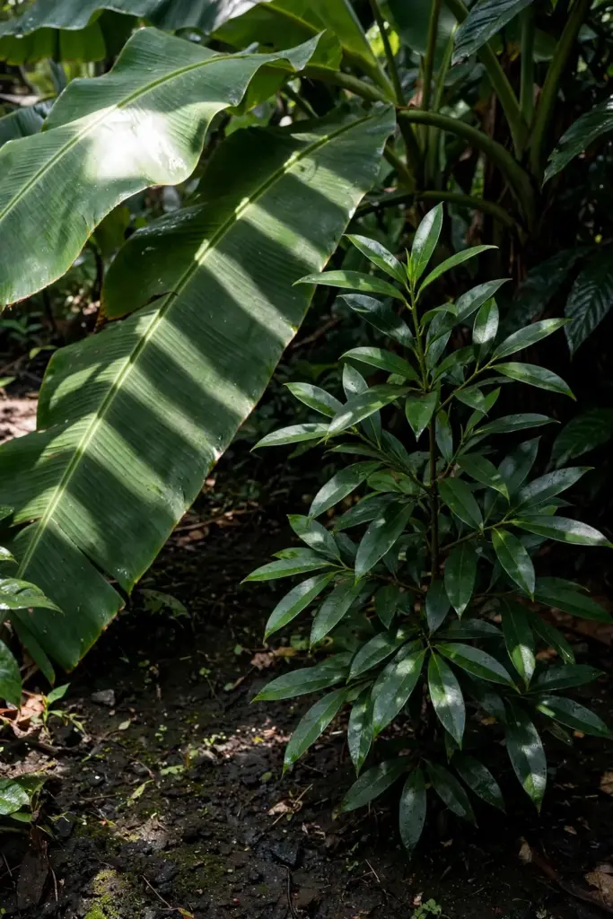 Young clove tree growing in light shade under banana plants in a tropical garden