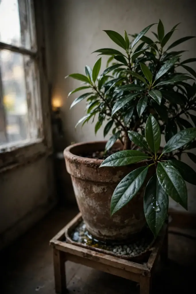Potted clove tree in a large terracotta pot beside a bright indoor window
