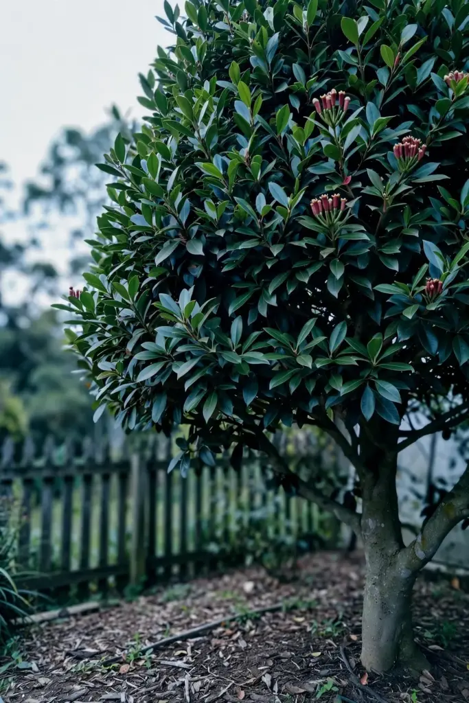 Mature clove tree with dense evergreen canopy in a home garden at late afternoon