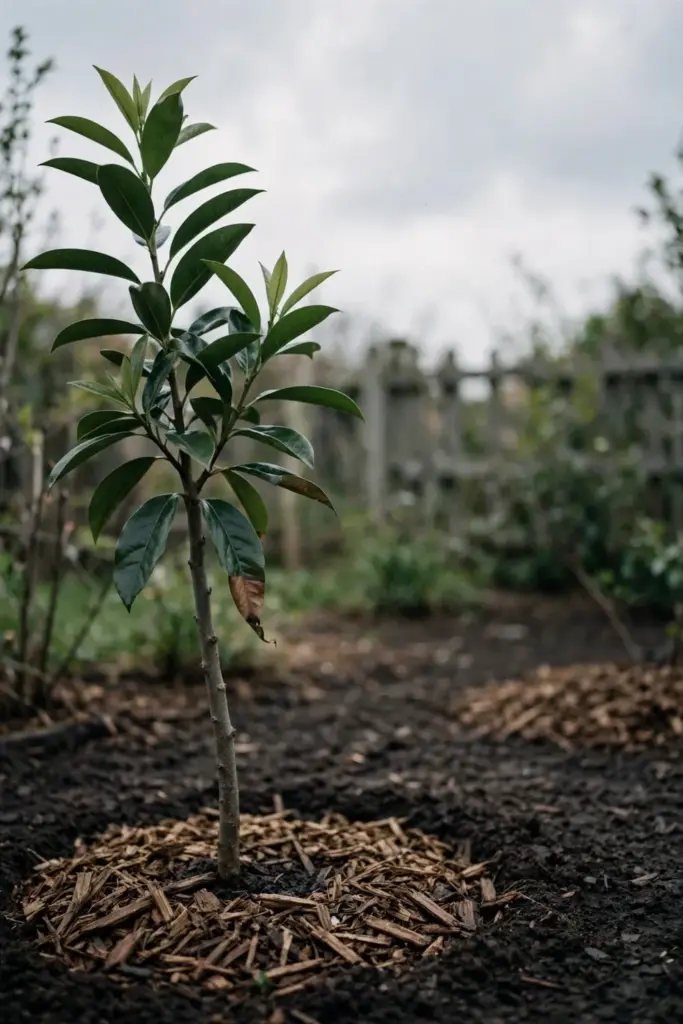 Young clove tree in a tidy mulched bed showing glossy evergreen leaves