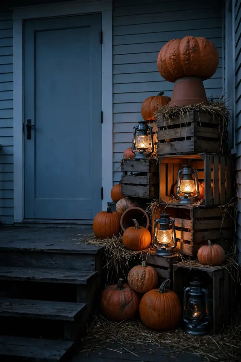 Dense cluster of pumpkins, crates and lanterns grouped in one zone beside a front door at dusk
