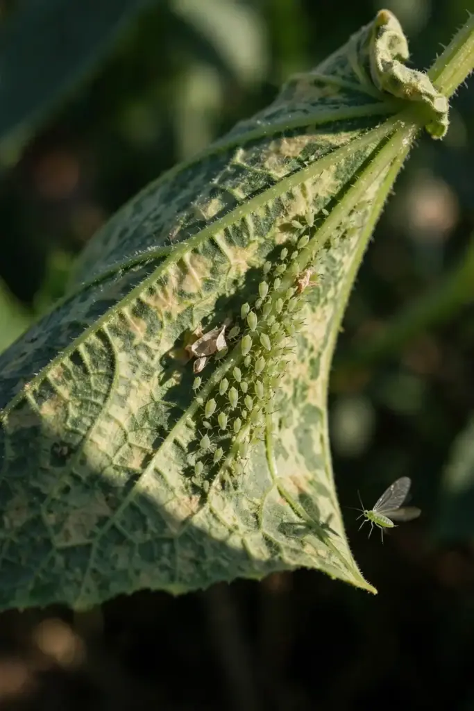 Small aphids clustered on the underside of a mottled cucumber leaf.