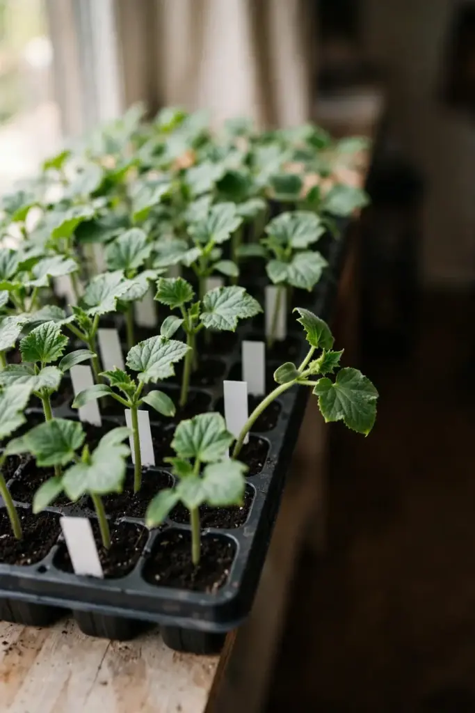Tray of sturdy cucumber seedlings with blank labels and sterile seed-starting mix.