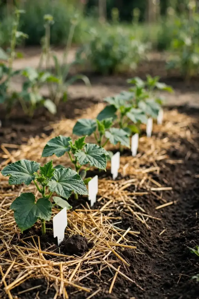 Fresh cucumber transplants with blank labels in a clean bed at season start.