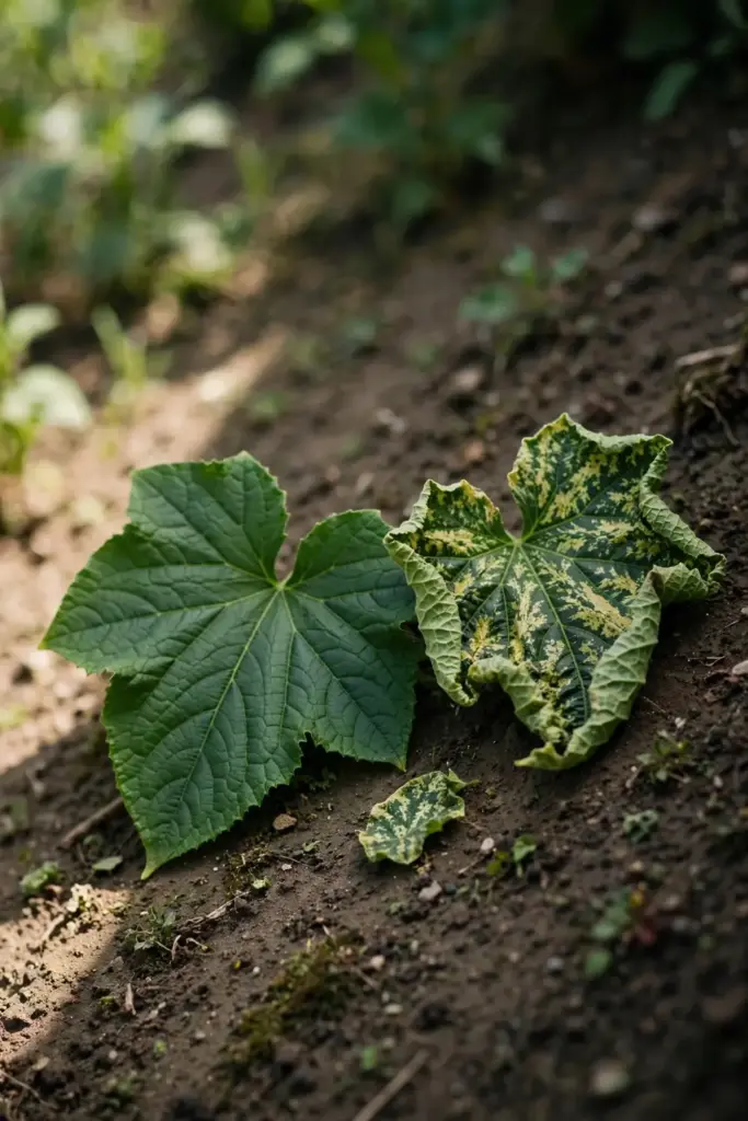 Healthy green cucumber leaf beside a mottled virus-infected one for comparison.
