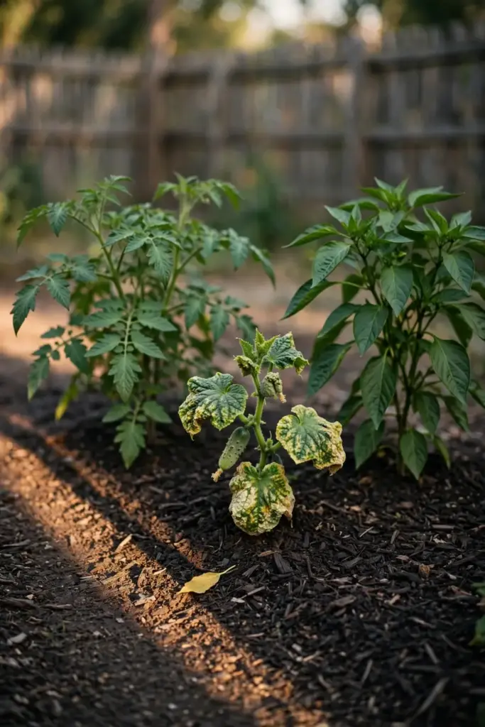 Garden row with a stunted mosaic cucumber plant among healthy tomato and pepper plants.