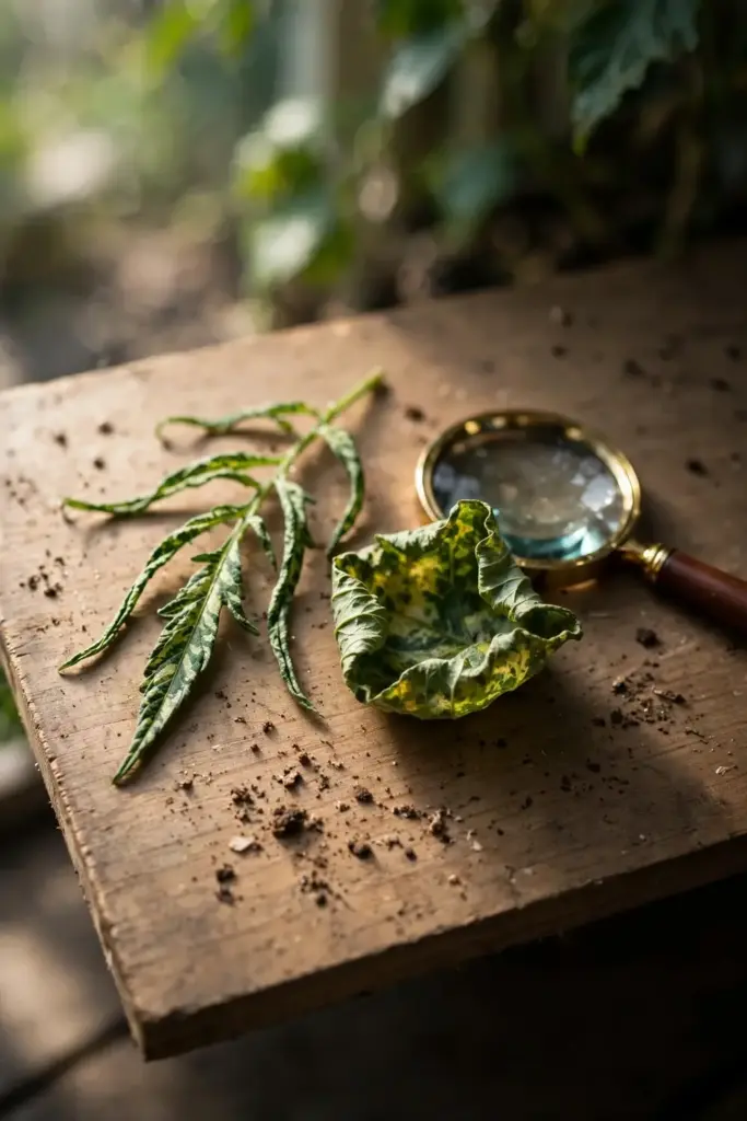 Two mottled leaves compared, one shoestring tomato leaf and one cupped leaf.