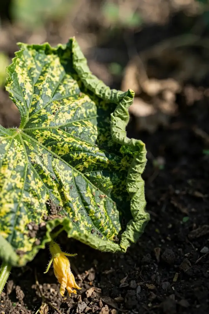 Macro of a cucumber leaf with light and dark green mosaic mottling from virus.