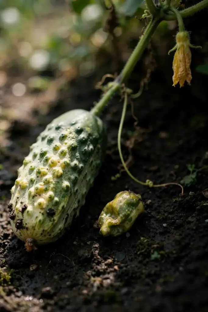 Warty blotchy cucumber and small distorted pepper from cucumber mosaic virus plants.